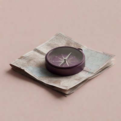 Soft-lit 3D render of a folded map with a plum compass resting on it, on a plain blush background