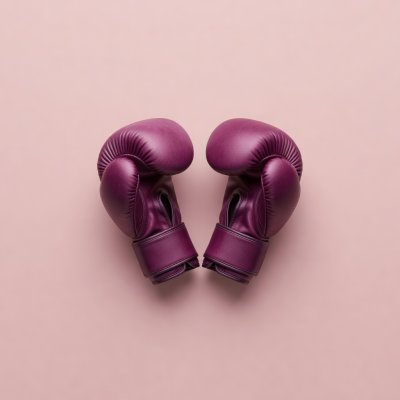 Soft-lit 3D render of a pair of plum boxing gloves on a plain blush background, symbolising the browser rumble