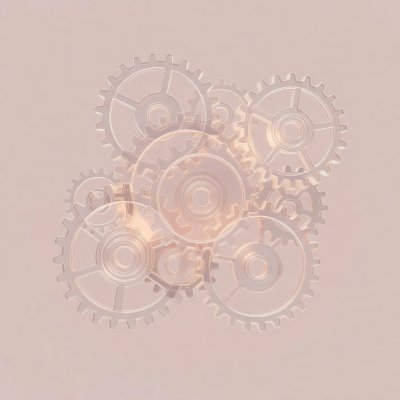 Soft-lit 3D render of translucent interlocking gears on a plain blush background, representing a browser engine