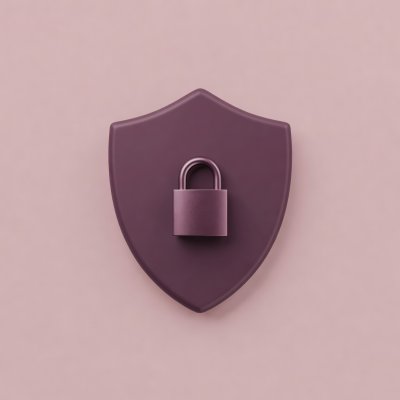 Soft-lit 3D render of a plum shield with a small padlock on a plain blush background, representing browser privacy