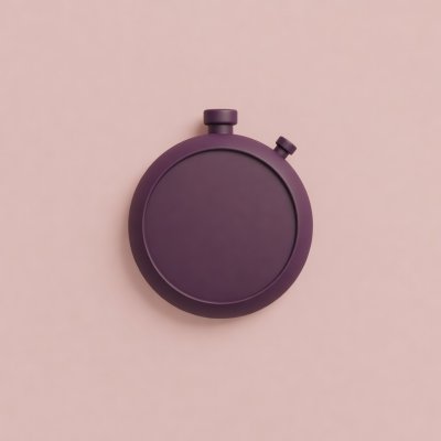 Soft-lit 3D render of a rounded plum stopwatch on a plain blush background, representing browser speed